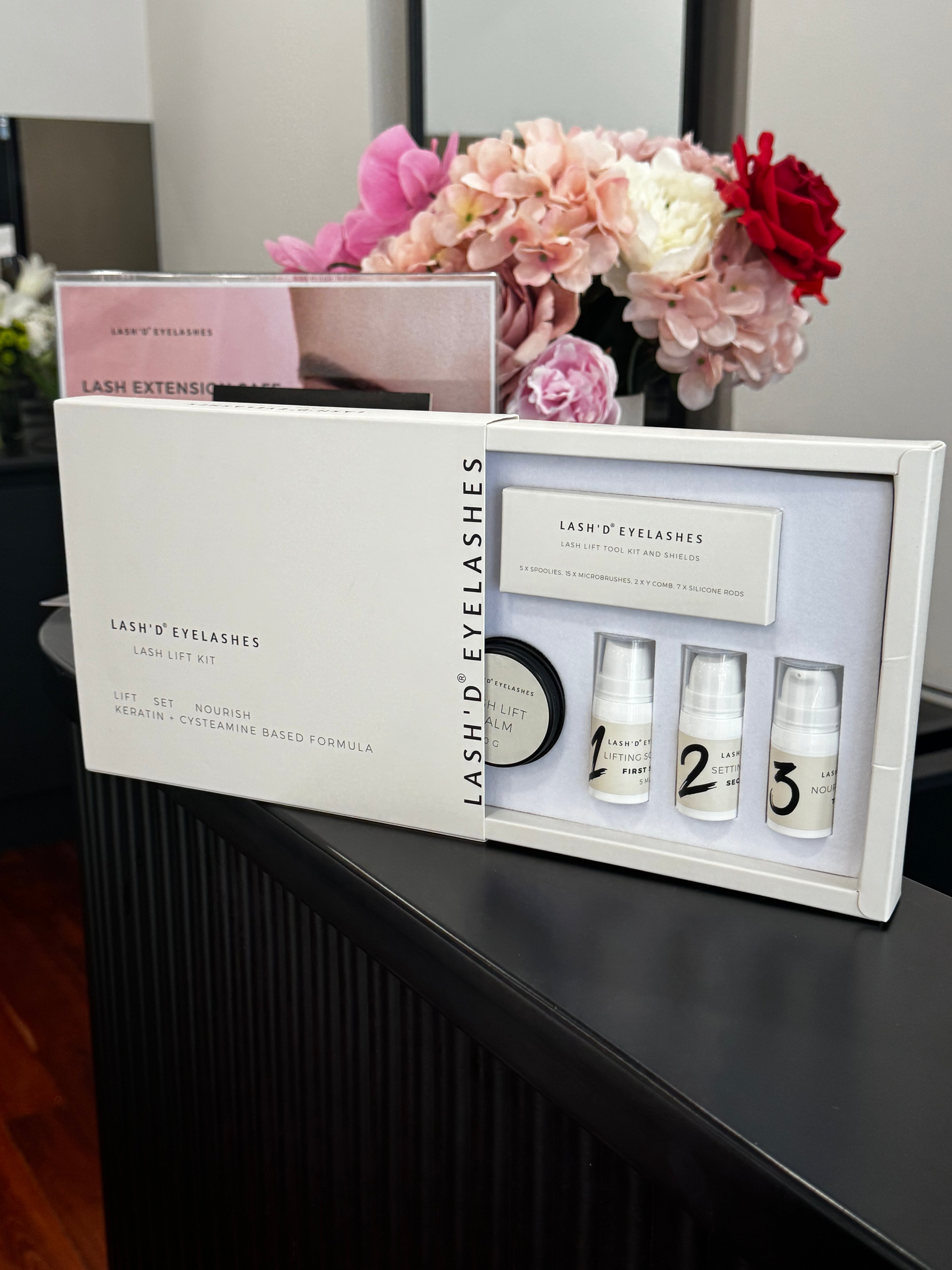 Professional Keratin Lash Lift Kit with accessories displayed on table