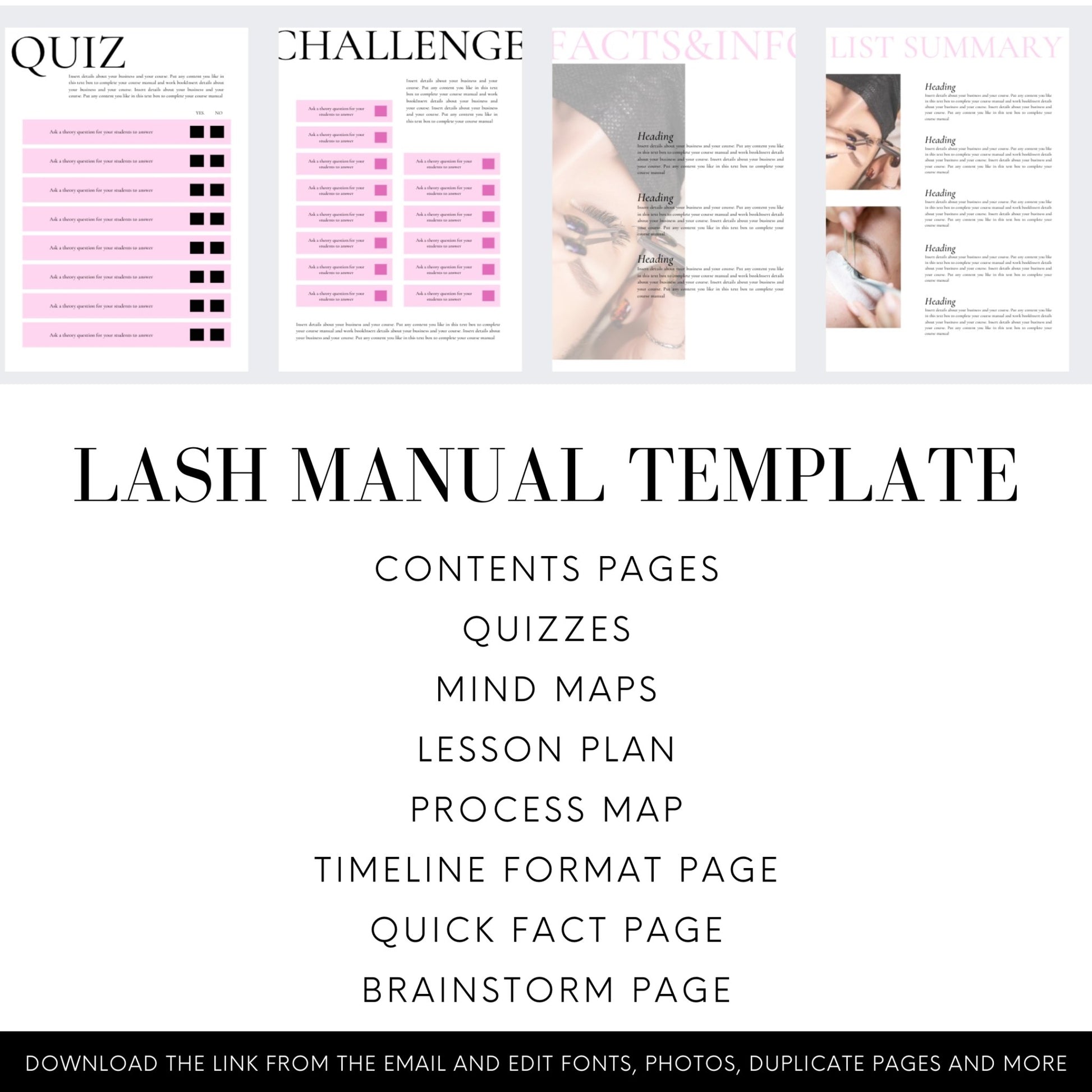 Editable Lash Manual Template - Pink - 40 pages - Lash'd Eyelashes