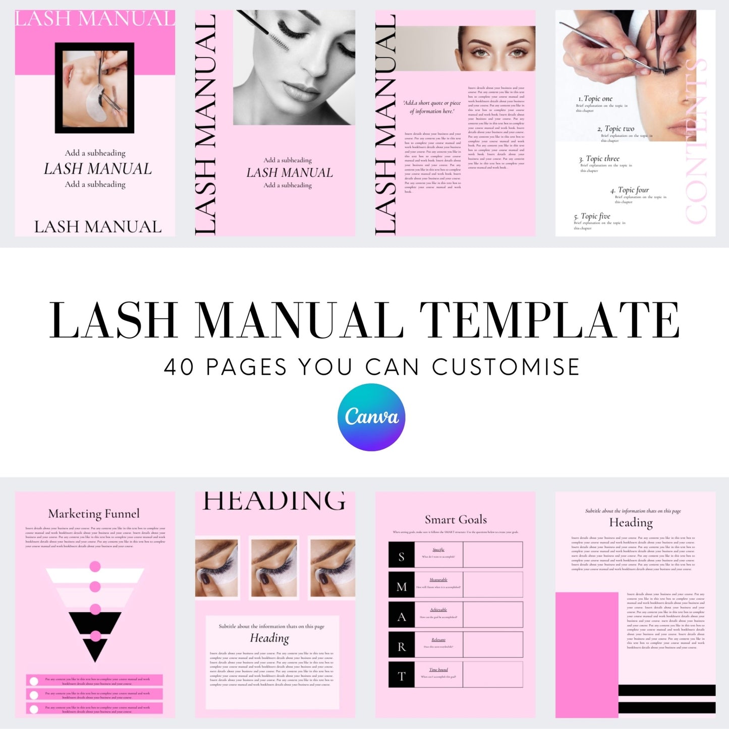 Editable Lash Manual Template - Pink - 40 pages - Lash'd Eyelashes