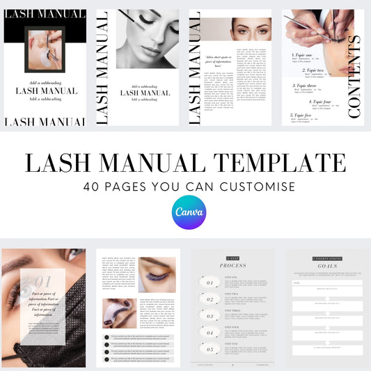 Lash Manual Editable Canva Template - 40 pages Black - Lash'd Eyelashes